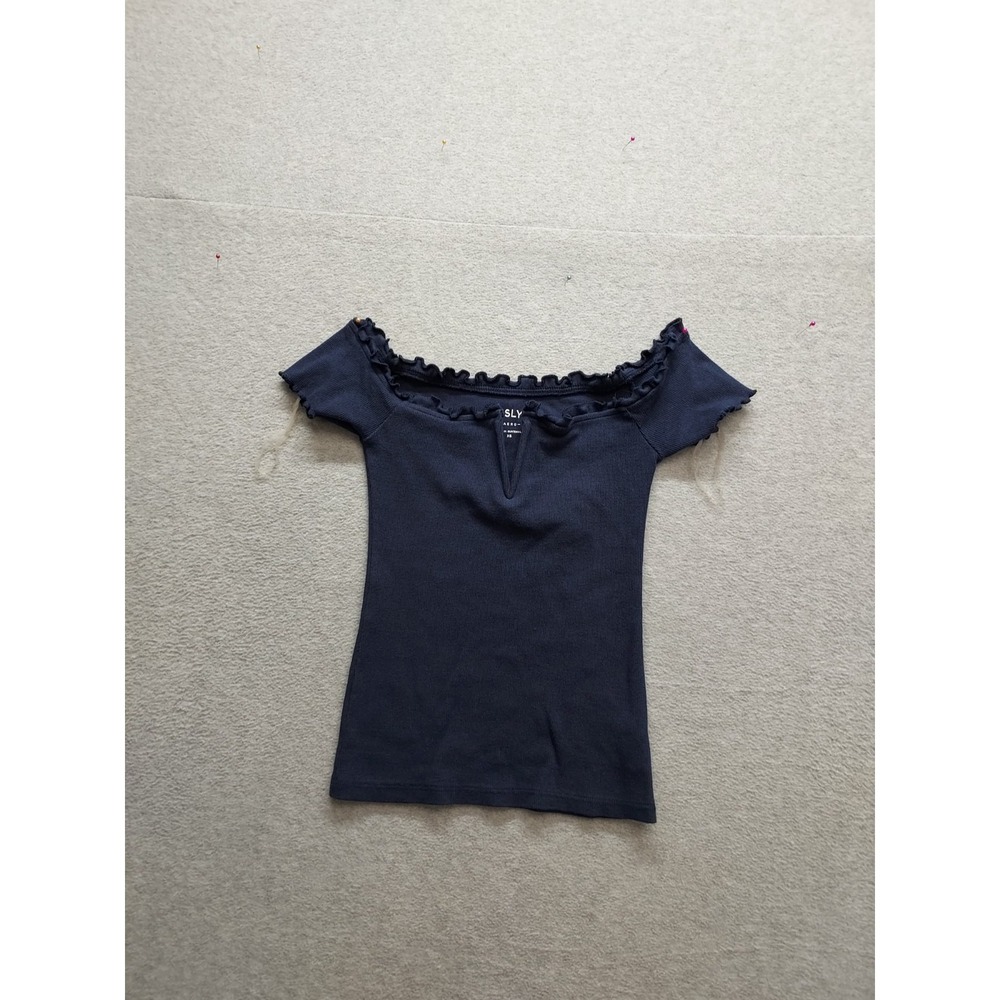 Aeropostale Seriously Soft Women T Shirt XS Navy Ruffle Neck Stretch Comfort
